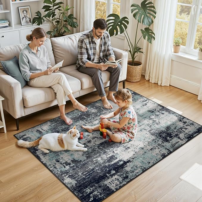 RELEANY Washable 4'x6' Abstract Area Rug for Living Room Teal Black | carpet for bedroom, kitchen, office, hallway and entryway, printed pattern, non-slip, soft, stain-resistant, easy to clean