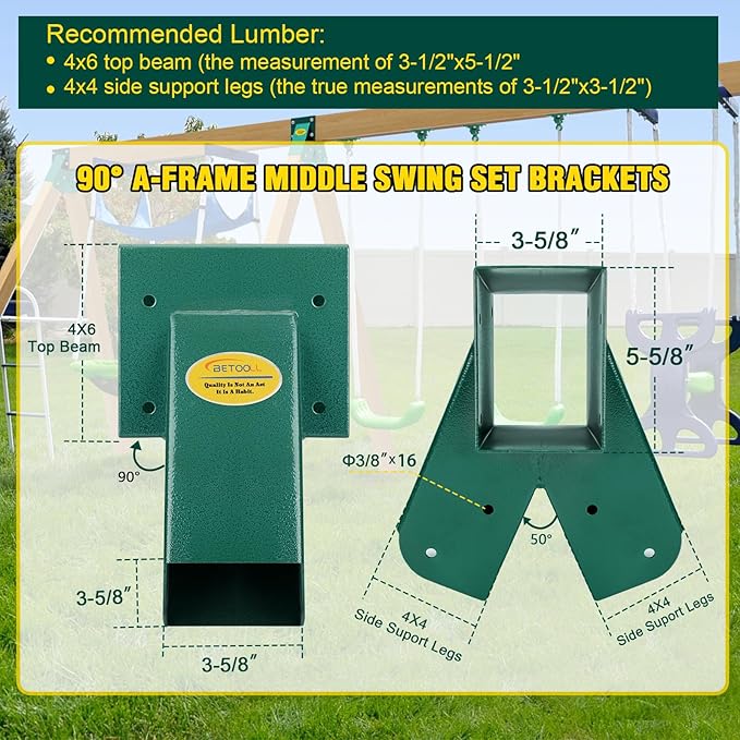 BETOOLL Swing Sets Brackets - 2 A-Frame Swing Set Brackets and 1 Middle Swing Bracket with All Mounting Heavy Duty Hardware Included - Swing Set Kit for Porch, Yard, Playground - Green