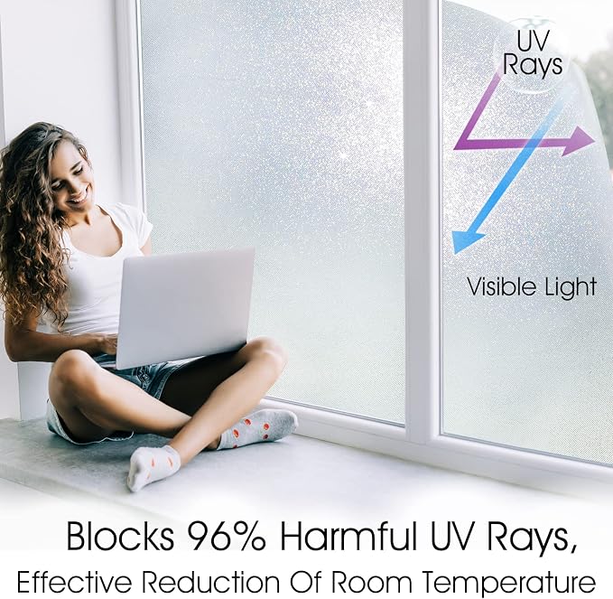 KESPEN Frosted Window Privacy Film Heat Control UV Sun Blocking Glass Stickers Static Cling Non Adhesive Door Coverings Decals for Bathroom Home Office, Sparkling, 35.4 Inch X 13.1 Feet