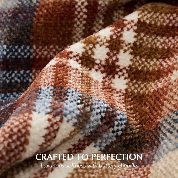 Plaid Chenille Fall Throw Blanket, 50"x60", Harvest Plaid | Super Soft Knit Throw with Tassels, Cozy, Decorative Rustic Farmhouse Decor for Autumn, Ideal for Couch Bed Sofa Gift