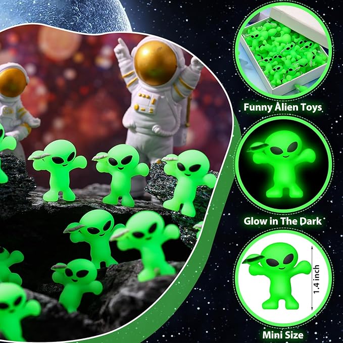 50 Pcs Mini Alien Figures Glow in The Dark Space Ship Tiny Little Small Alien Figurine for Halloween Treat Toys Bulk Gift Space Party Favors Hide and Seek Christmas Stocking Stuffer