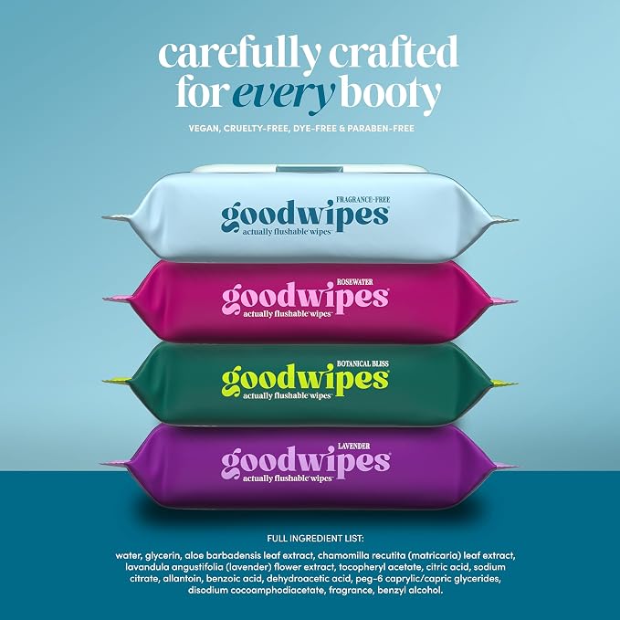 goodwipes Flushable Wipes - Unscented Butt Wipes for Adults, Septic Safe, Guest Bathroom Essentials for Women & Men, pH Balanced for Sensitive Skin - Fragrance-Free, 153 Count (3 Packs and 3 Singles)
