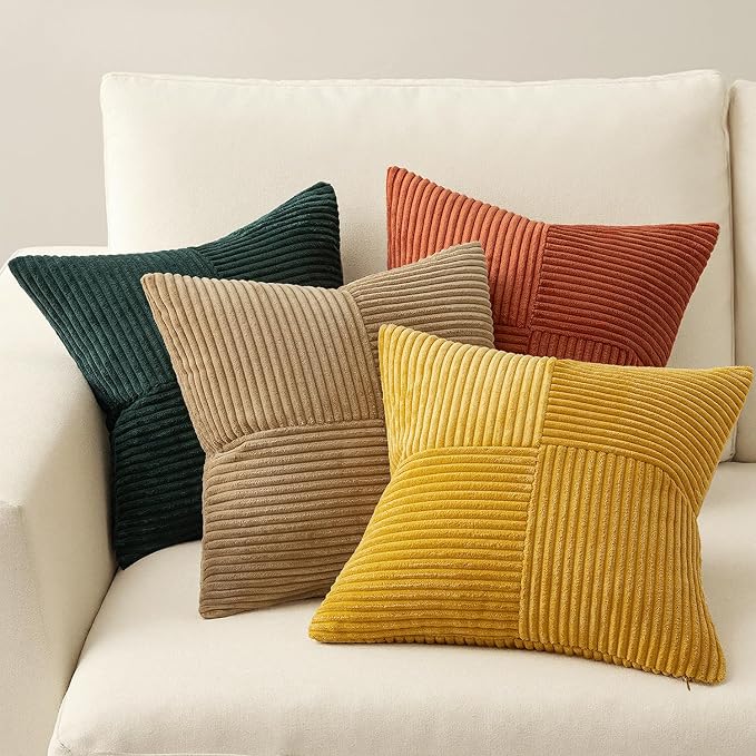MIULEE Fall Green Rust Throw Pillow Covers 20x20 Inch Set of 4 Boho Farmhouse Soft Corduroy Striped Cushion Cases Decorative Color-Clash Home Decor for Couch Sofa Living Room Bed
