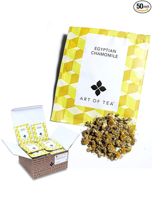 Art of Tea Organic Egyptian Chamomile Tea Bags 50 Count, Premium Whole Leaf Herbal Tea, Naturally Caffeine Free Tea, Pyramid Sachets, Organic Chamomile Tea for Bedtime
