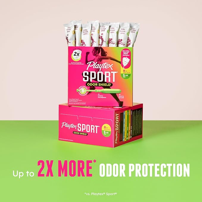 Playtex Sport Odor Shield Tampons Super Absorbency, Unscented - 32ct | Super Tampons for Women, Feminine Care, Playtex Tampon with 360 Leak Defense and Odor Control