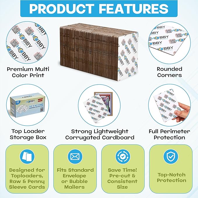 100 Pack Trading Card Shipping Protector by Hobby Armor, 3.5" x 4.5" with Rounded Corners, Vibrant Multi-Color Card Protector to Guard Cards From Dings, Premium Lightweight Cardboard Shipping Supplies
