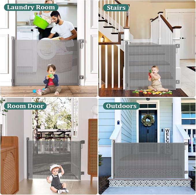 Babepai Retractable Baby Gates No Drilling | 54" Wide x 34" Tall Dog Gates for Stairs | Indoor/Outdoor Use | Child Gates for Doorways, Deck, Porch, Hallways, Patio - Gray