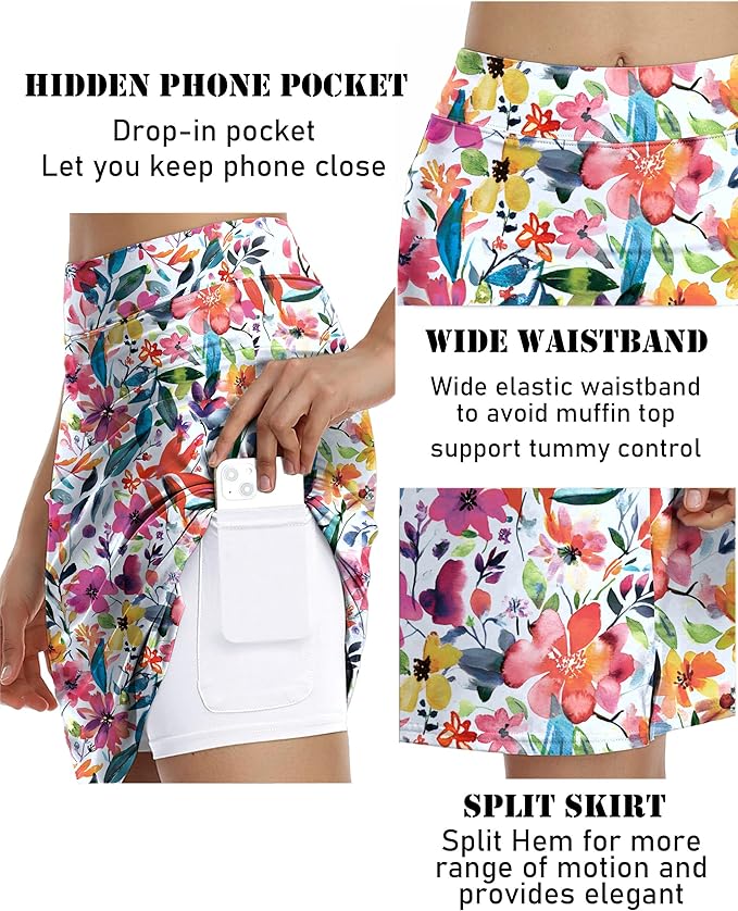 COOrun Women's 20" Knee Length Skirts High Waisted Golf Skorts with Pockets | Soft, Quick Dry, Split Hem, Built-in Shorts, A-line, Modest Skirts, for Golf Athletic Tennis Work Casual
