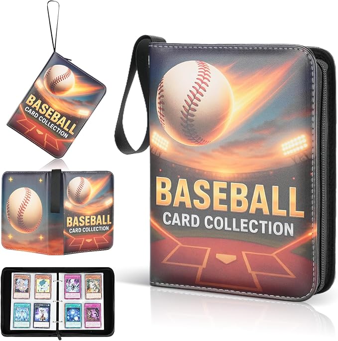 Best baseball card binder 4-Pocket holds 480 cards, 120 pages side-loading, PU leather zip waterproof cover, acid-free pages, for home storage & card shows, baseball cars binder, gift kids boys girls!