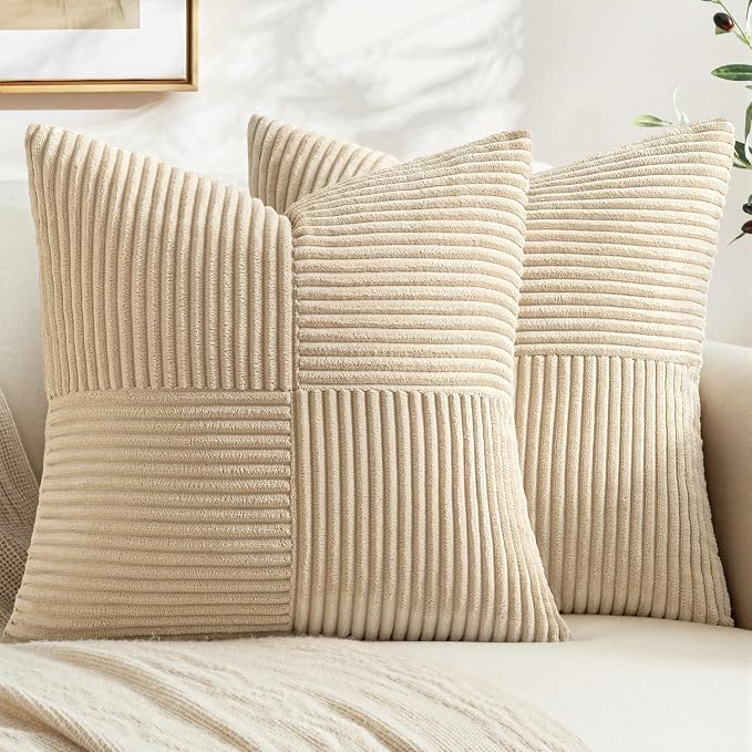 MIULEE Natural Beige Decorative Throw Pillow Covers for Couch 18x18 Inch | 2 Pack, Boho Farmhouse Pillow Covers, Soft Cross Corduroy Patchwork Textured Cushion Cases For Bed Sofa