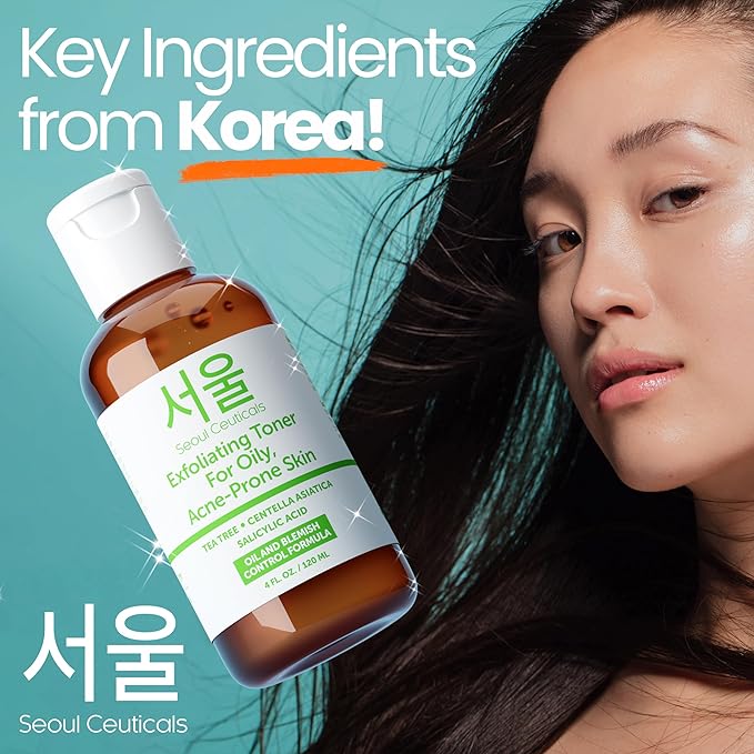 SeoulCeuticals Korean Toner for Oily Acne Prone Skin – Korean Skin Care Tea Tree Toner for Face – Facial Toner Centella Asiatica, Salicylic Acid. 4 FL OZ
