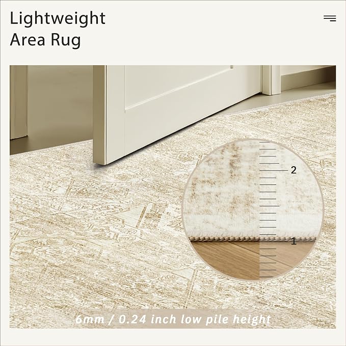 Soalmost 5x7 Area Rugs Beige/Ivory Washable Trendy Faded Style Floral Rugs | Vintage Non-Slip Indoor Accent for Bedroom Dining, Foldable Stain Resistant Floor Carpet Mat Under Table Home Office Decor