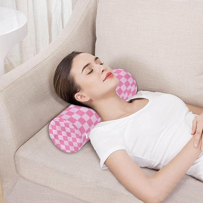 Checkered Pink Neck Roll Pillow Bolster Round Health Memory Foam Long Cervical Cylinder Pillows with Removable Washable Cover for Body Bed Legs Back Yoga