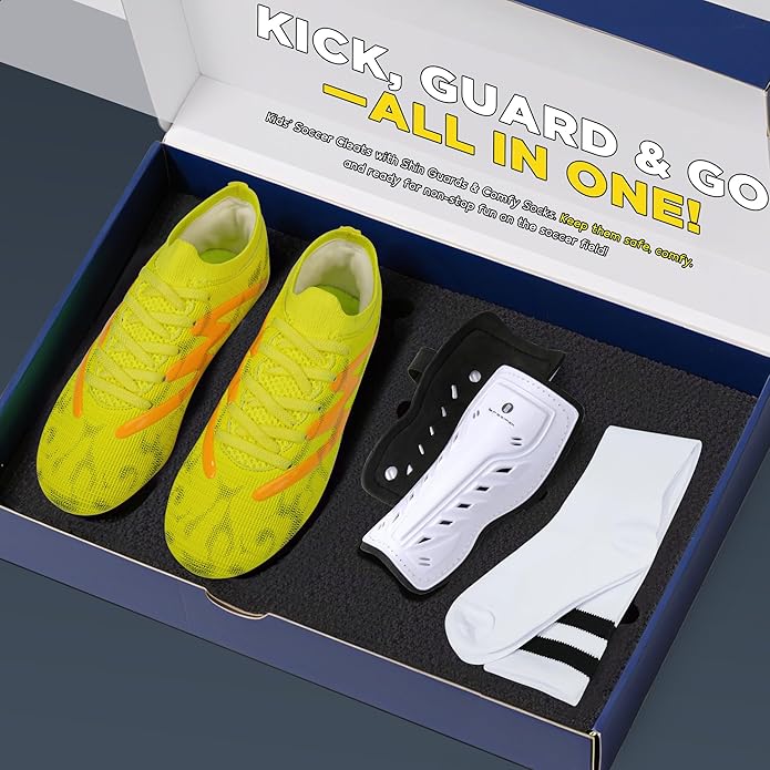 brooman Kids Firm Ground Soccer Cleats Boys Girls Football Shoes with Shin Guards and Soccer Socks