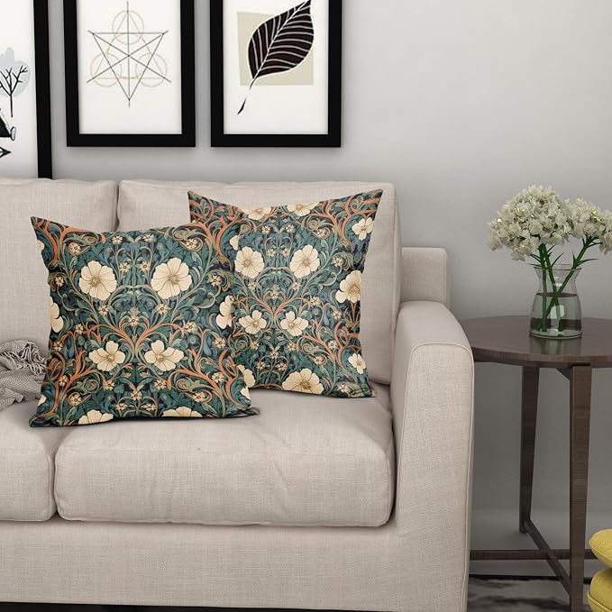 Vintage Floral Pillow Covers 18x18 Inch Orange Whtie Green Toile Flowers Pillow Cases Chinoiserie Aesthetic Tapestry Linen Cushion Case Farmhouse Home Decor for Sofa Couch Porch Outdoor Set 2