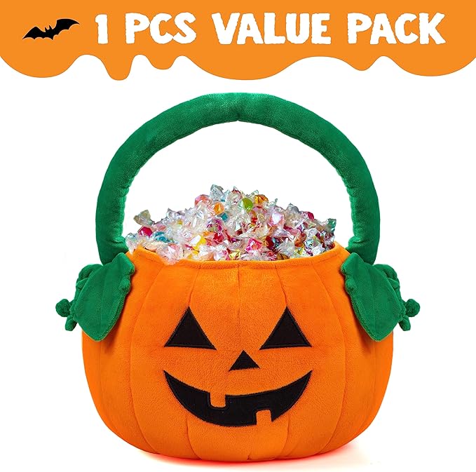 JOYIN Halloween Pumpkin Plush Tote Bucket, 11 X 13.4 inches Candy Trick or Treat Bag, Cute Halloween Basket with Handle for Kids Girl Boy Trick or Treating, Party Favor Supplies , Kids Gifts Goody Bag