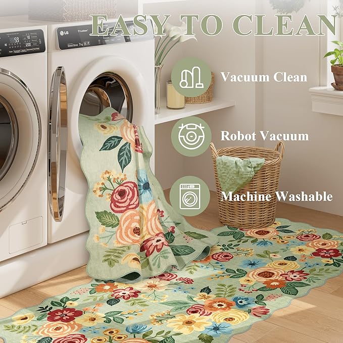 DUKINO 2x3 Rugs for Entryway, Floral Door Mat Washable Kitchen Rugs, Green | Non Slip, Low Pile, Soft Small Rugs for Entrance, Bedroom, Bathroom, Laundry, Pet Friendly, Non-Shedding, Modern Home Decor
