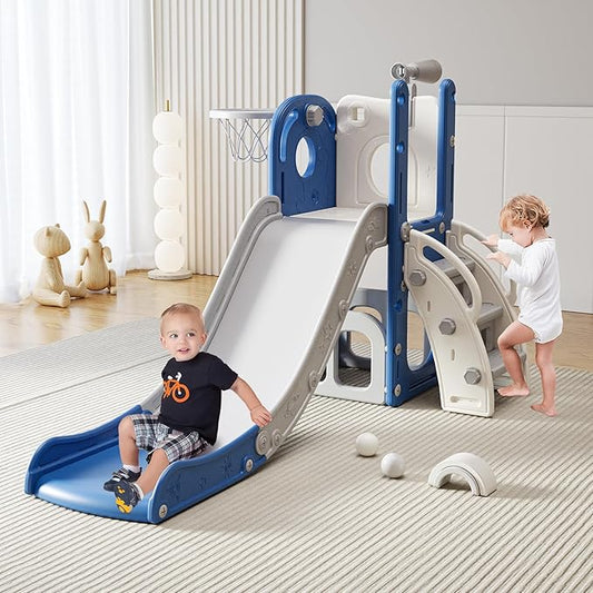 6 in 1 Toddler Slide, Indoor Outdoor Playground for Kids 1-3, Baby Slide with Basketball Hoop, Storage, Climber and Telescope, White Blue