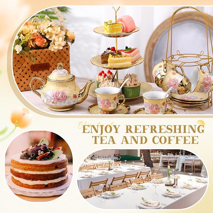 21 Pcs Ceramic Teapot Set Vintage Porcelain Tea Cups with Metal Holder and High Tier Cupcake Stand Saucers for Women Girls Farmhouse European Weddings Party Decor Gifts (Yellow,Vintage)