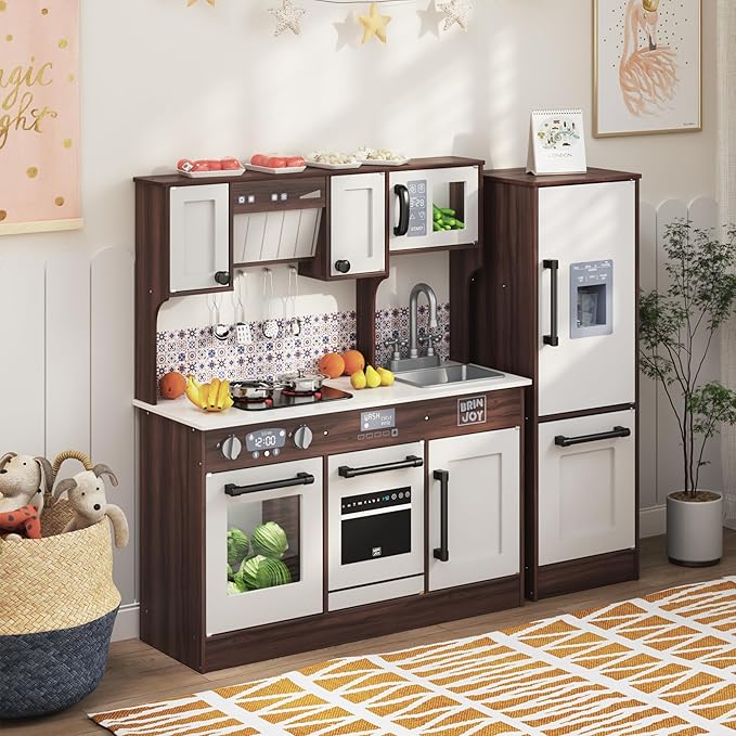 BRINJOY 2-Piece Kids Kitchen Playset, Wooden Play Kitchen Set for Toddlers, Modular Pretend Play Kitchen w/Light&Sound Stove Oven, Large Kitchen Cooking Toy w/Refrigerator, Gift for Girls Boys
