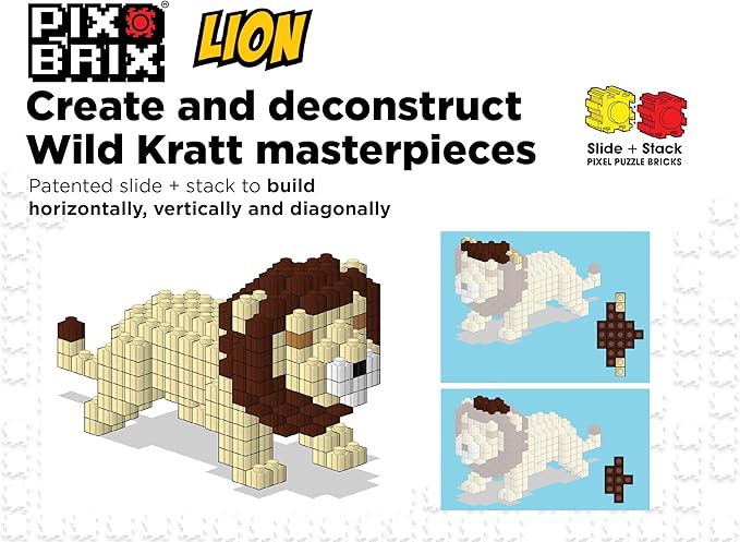 Pix Brix - Wild Kratts Toy Pixel Art Kit - Lion, 498 Pieces - Patented Slide + Stack Pixel Puzzle Building Bricks, Build & Collect Wild Kratts Animals - Stem Toys, Ages 6 Plus