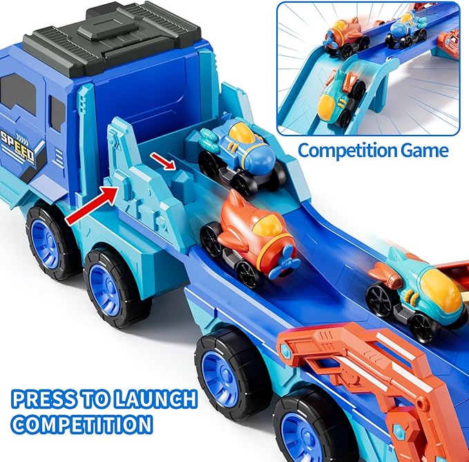 IHAHA 10-in-1 Toddler Foldable Carrier Space Truck Toys for Kids Boys Ages 3-5 4-7, Long Race Track Ejection Truck with Lights & Sounds and 9 Race Cars, 3 4 5 6 7 8 Year Old Boys Girls Birthday Gifts