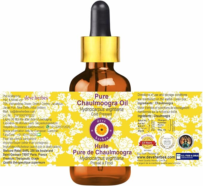 Deve Herbes Chaulmoogra Oil (Hydnocarpus wightiana) with Glass Dropper | Cold Pressed | Pure | For Diluting Essential oils | Skin & Massage | Non-Sticky | Lightweight | Unisex | 5ml (0.16 oz)