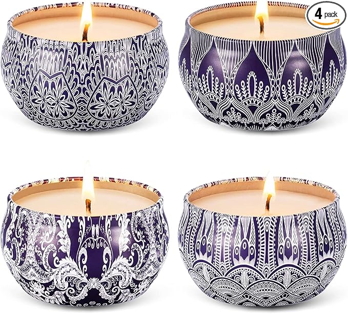 Set of 4 Scented Candles, Blue and White Porcelain Aromatherapy Soy Candle Includes 4 Fragrances - Lily, Green Tea, Lilac Blossoms, Ginger Flower