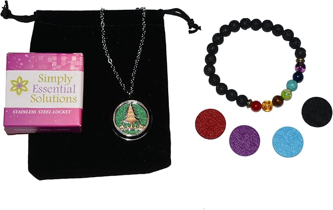 Aromatherapy Essential Oil Diffuser Stainless Steel 30MM Silver Magnetic Locket Pendant with Chain Necklace and Colored Refill Pads & Diffuser Bracelet All in a Velvet Bag (Christmas Tree)
