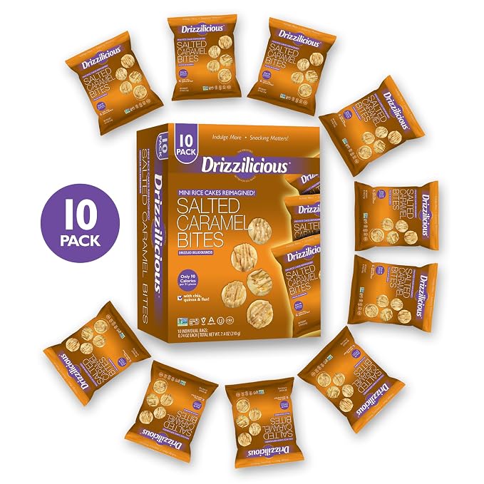 Drizzilicious Mini Flavored Rice Cakes Salted Caramel - Rice Crisps, Healthy Snack for Adults and Kids, Vegan, Gluten Free Snack, Allergen Free, Only 90 Calories Per Bag - 0.74 oz (Pack of 10)