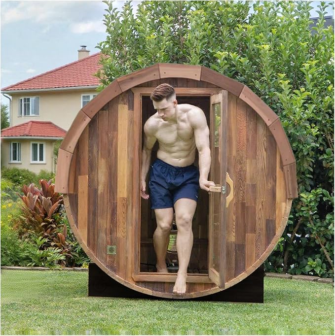 Smartmak Customized Outdoor Barrel Steam Sauna, 2-10 Person Canadian Hemlock/Red Cedar Traditional Wood Sauna Room with 220V ETL-Certified Heater, Backrest Headrest, Rocks, Light Accessories Included