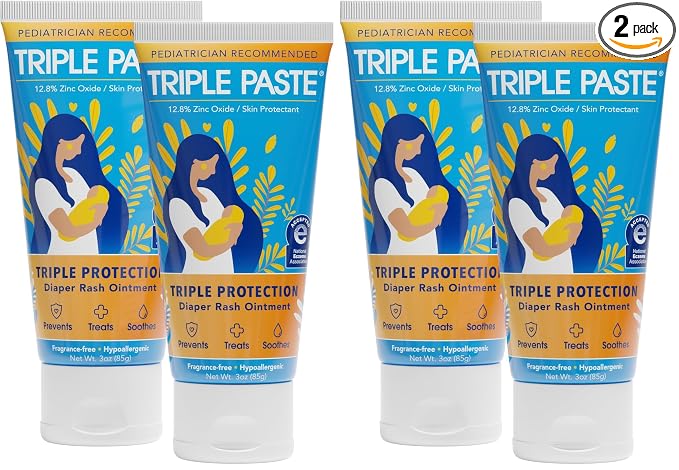 Triple Paste Diaper Rash Cream for Baby,3 Oz,Zinc Oxide Ointment Treats,Soothes & Prevents Diaper Rash,Pediatrician-Recommended & Hypoallergenic,Baby Essentials for Daily-& Overnight,(Pack of 4)