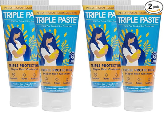 Triple Paste Diaper Rash Cream for Baby,3 Oz,Zinc Oxide Ointment Treats,Soothes & Prevents Diaper Rash,Pediatrician-Recommended & Hypoallergenic,Baby Essentials for Daily-& Overnight,(Pack of 4)