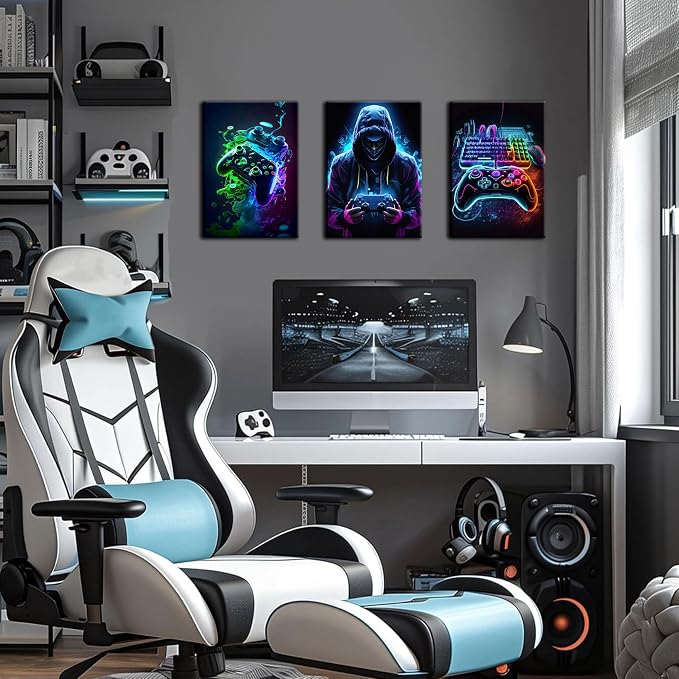 BGFCE Cool Gaming Canvas Wall Art Set of 3, Retro Video Game Watercolor Poster Pictures, Neon Gamepad Gamepad Painting Prints Game Room Bedroom Wall Decor 12x16 in Framed