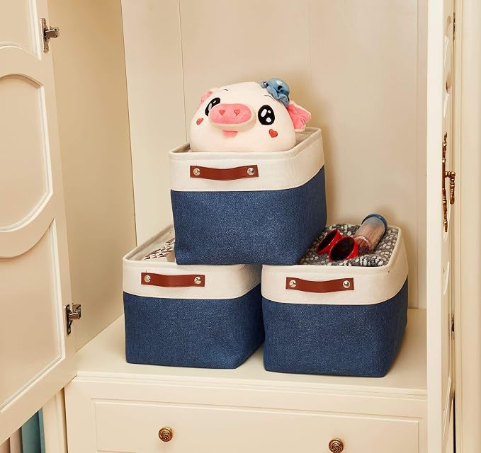 DECOMOMO Storage Bins, Extra Large Fabric Storage Baskets for Shelves 3Pack | 15.8 x 12.5 x 10 inches Decorative Linen Closet Organizers (Navy Blue & White)