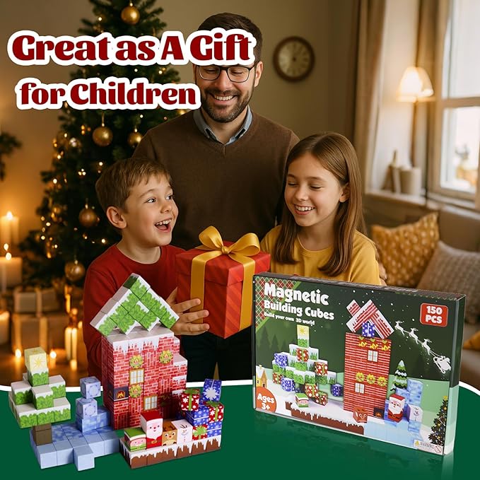 Magnetic Blocks - 150 PCS Magnets Block 3D Sensory Educational Interactive Building Toy Set for Toddlers Kindergarten Creative STEM Learning Gift, Magnet Tiles Construction Suit, Snow and Christmas
