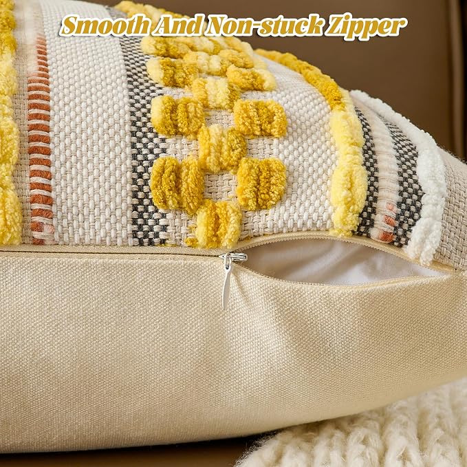 Set of 2 Chenille Striped Textured Boho Throw Pillow Covers Aesthetic with Tassels Woven Decorative Pillow Case for Couch Bed Sofa Bedroom Modern Funky 18 x 18-Inch Yellow