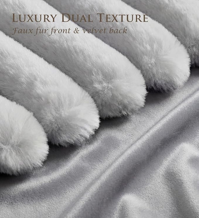 Pack of 2 Throw Pillow Covers 20x12 Decorative Solid Plush Faux Fur with Soft Velvet Back, Square Striped Cushion Cases Modern Farmhouse Home Decor for Living Room Couch Sofa Bed Neutral Gray