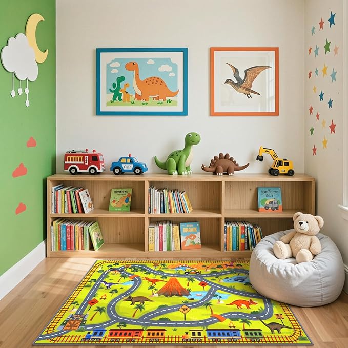 LIVEBOX Kids Playroom Rug-Dinosaur Car Rug Play Mat, 3x5 Washable Non Slip Jurassic Park Rugs for Boys and Girls Bedroom,Nursery,Play Room