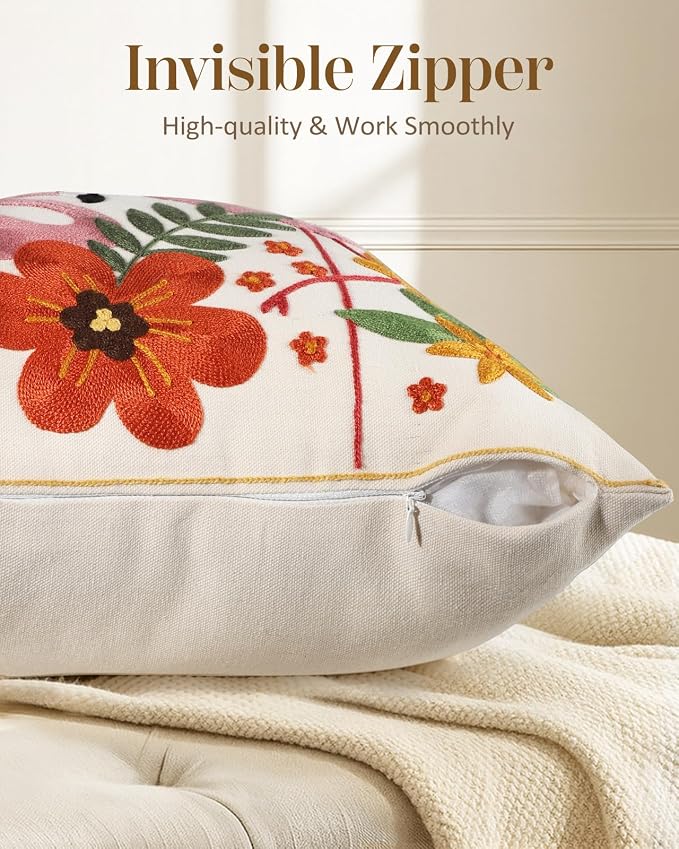 Animal Embroidered Throw Pillow Cover 20x20 Inch, Flamingos Floral | Decorative Pillow Cover, Boho Floral Cushion Cases with Hidden Zipper, Cottagecore Decor for Couch, Sofa, Living Room