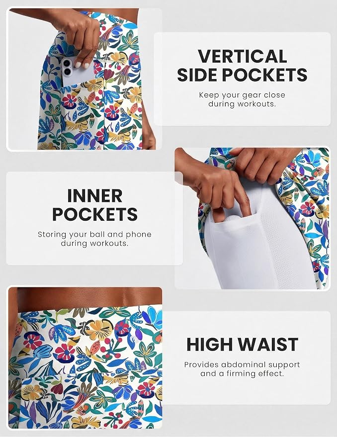 PINSPARK 19" Knee Length Skorts for Woman with Pockets UPF 50+ Golf Skirts | 4 Pockets, Built-in Shorts, High Waisted & Tummy Control, Moisture-wicking for Golf Athletic Tennis Workout Casual