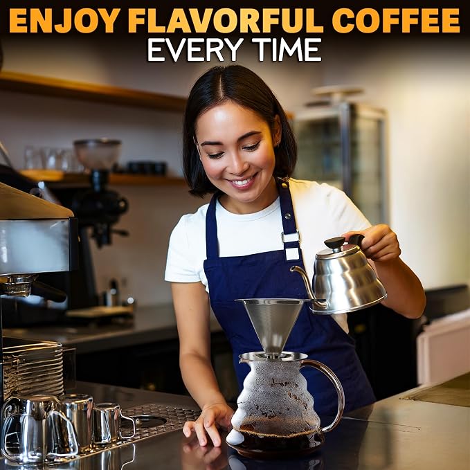 Stainless Steel Pour Over Coffee Maker With Cleaning Brush & Non-Slip Silicone Handle - 2 Cups Capacity 600 Mesh Stainless Steel Pour Over Coffee Dripper With Secure Wide Base, Clean Flavor Paperless