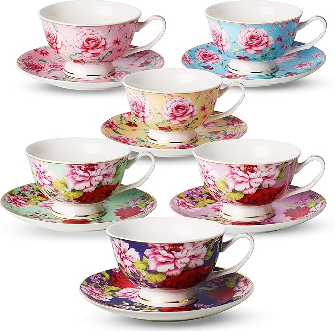 BTaT- Floral Tea Cups and Saucers, 8 oz, Set of 6 | Fine Porcelain Teacup Set with Gold Trim for Afternoon Tea Weddings Parties Gifting Dishwasher Safe Lightweight Non Toxic
