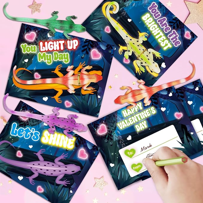 24 Pack Valentine's Day Cards for Kids with Glow in The Dark Lizard Toys, Valentines Day Gifts for Kids School Classroom Exchange, Valentine's Party Favors & Prizes for Kids