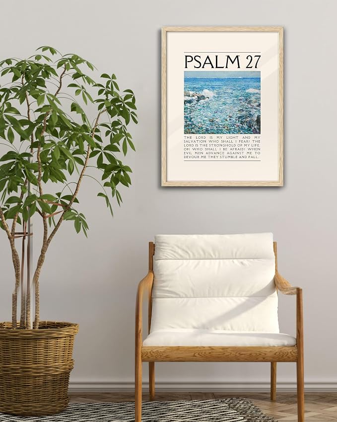 EcoHest 16x20 in Psalm 27 Ocean Framed Bible Verse Christian Wall Art | Solid Oak Wood Frame with Canvas Wall Art, Coastal Scripture Wall Decor for Bedroom, Living Room, Office, Church, 1Pack