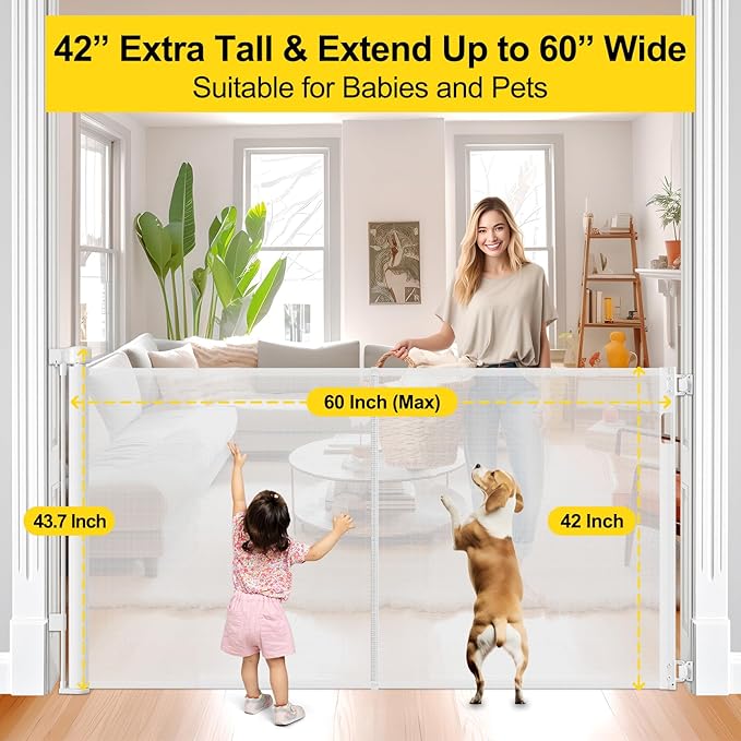 Reinforced 42” Extra Tall Retractable Dog Gate for Doorways, Extends up to 60” Wide, Mesh Baby Gate, Tall Baby Gates with Rods to Prevent Crawling Through Retractable Pet Gate Indoor Outdoor, White