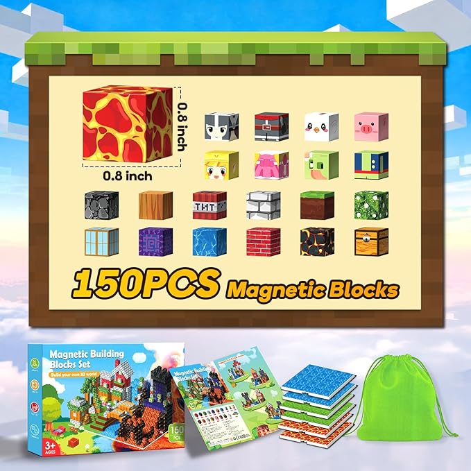 Magnetic Building Blocks - 150PCS Building Toys with 6PCS Bases, Magnet Cube Game for Kids, Build Mine Castle Volcano World for Boys Girls Age 3-5 4-8 8-12, STEM Sensory Outdoor Travel Toys Gifts