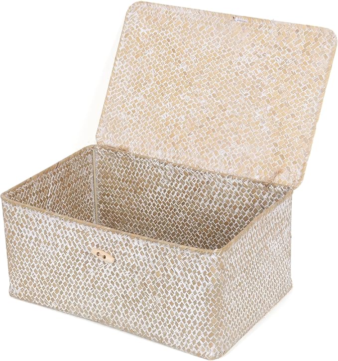 FEIALNDUO Wicker Shelf Baskets with Lid,Seagrass Storage Basket Bins Rectangular Handwoven Basket Boxes for Shelves Desktop Home Organizer (Whitewash, Large)