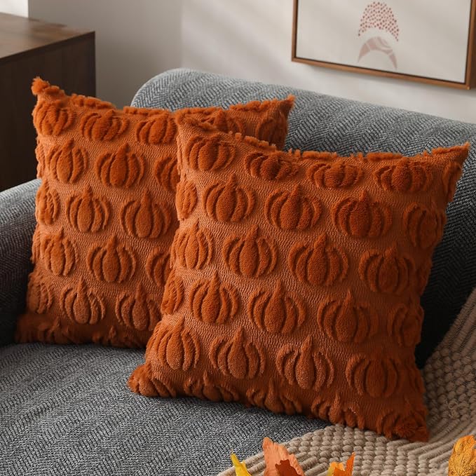 DFXSZ Fall Pillow Covers 24x24 2Pcs Rust Pumpkin Fall Decorations for Home | Fall decor Set of 2 Throw Pillow Cases Soft Plush Faux Fur Wool Couch Cushion for Chair Sofa Bedroom Living Room Home Decor