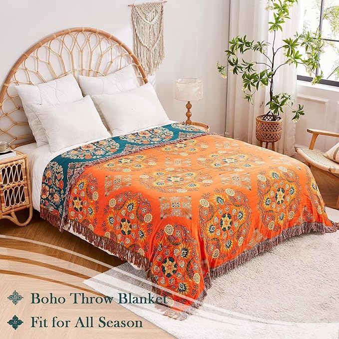 XIBLC Boho Throw Blanket, 100% Cotton Ultra Soft Luxury Throw Rustic Quilt, 60"x80" Floral Printed Farmhouse Decor Bed Summer Blankets, All Season Rustic Reversible Bohemian Throw for Bed - Orange